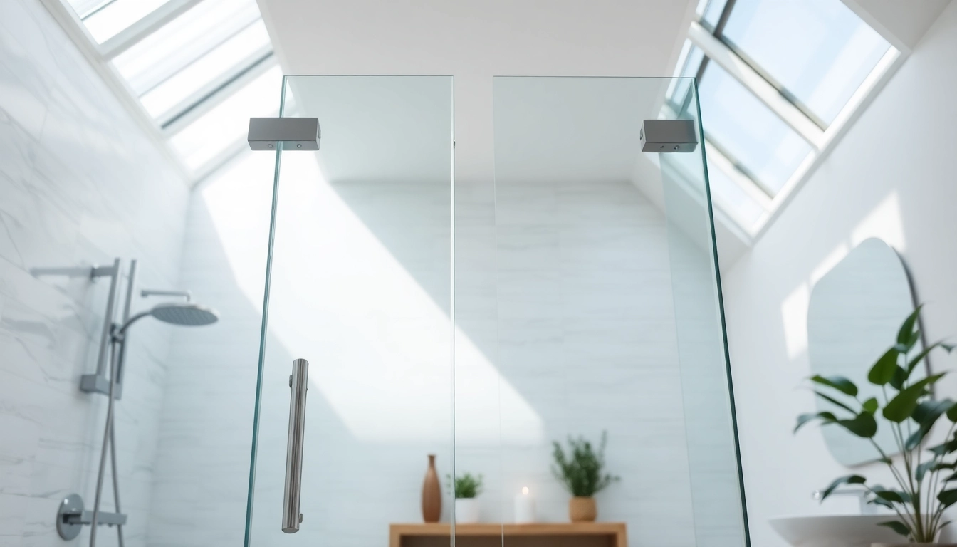 Beautiful sunney shower doors in a bright modern bathroom with elegant features.