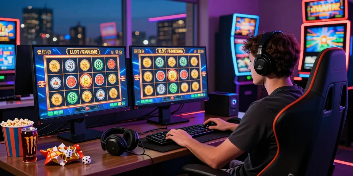Engaged player spinning koitoto slot games on computer at vibrant gaming desk.