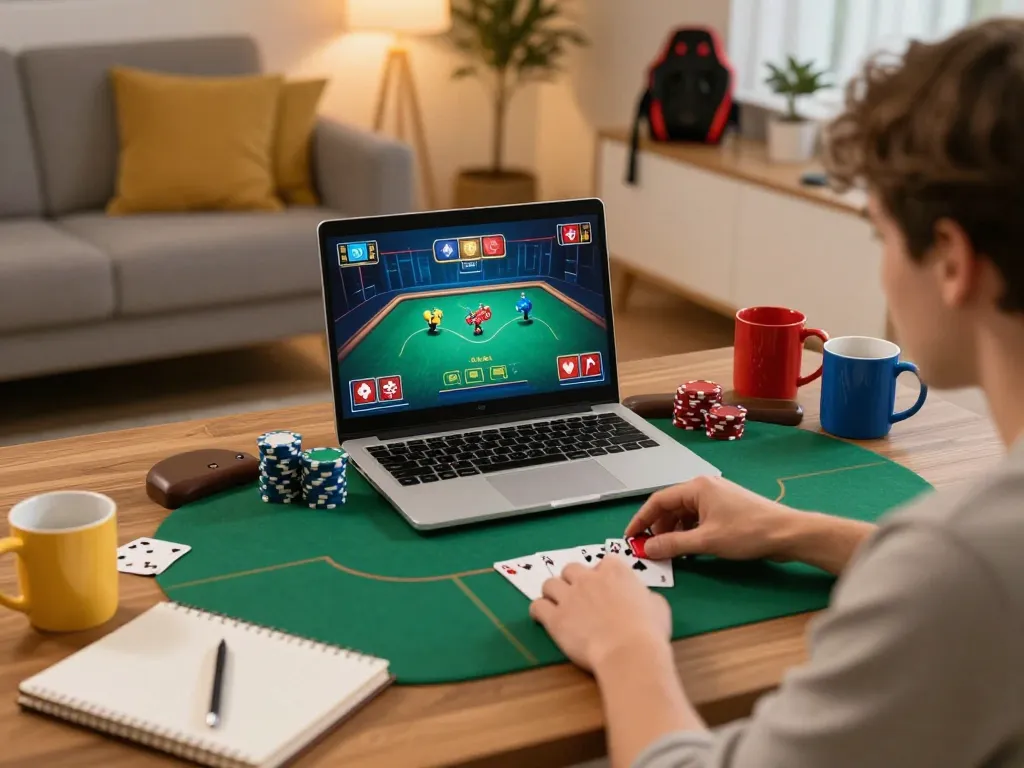 SUN WIN online player strategizing in a cozy home setup while engaged in poker gameplay.