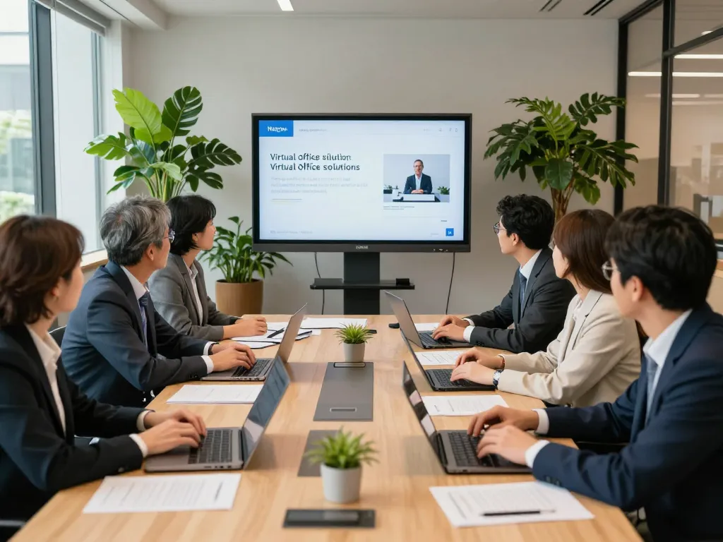 現代の会議室でのバーチャルオフィス名古屋安いソリューションに関する魅力的なチームミーティング。