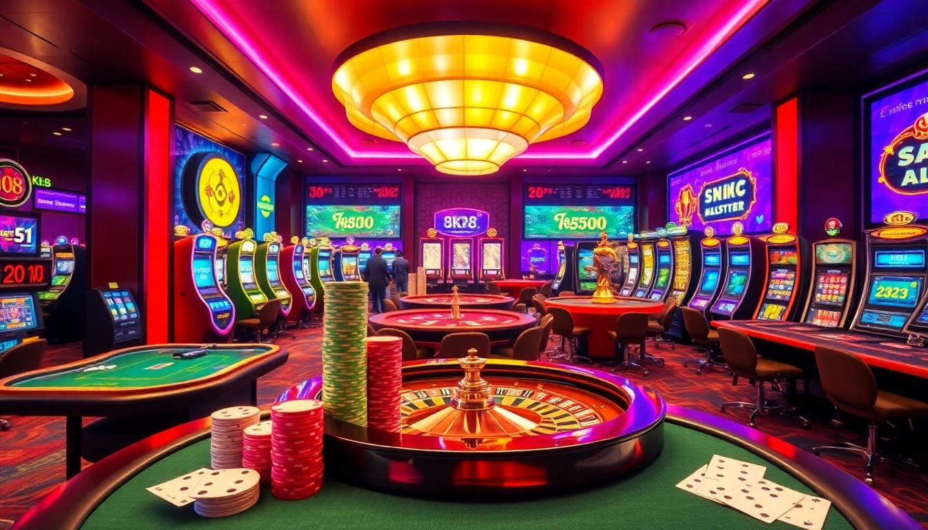 Exciting gaming environment at 8k8 with poker tables and vibrant slot machines