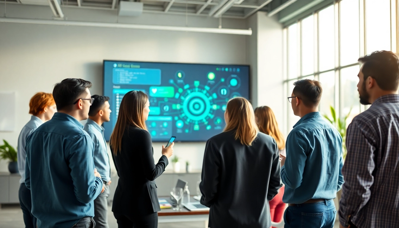 Engaging AI assistant for enterprise helping a diverse team in a modern office setting.