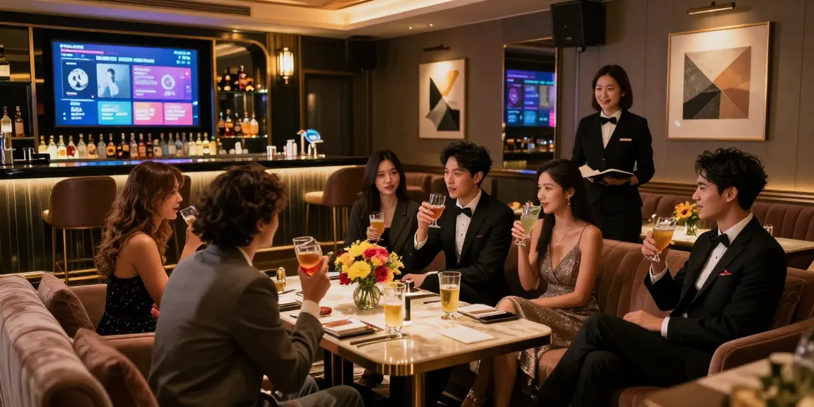 강남쩜오에서 프리미엄 음료를 즐기는 고객 그룹과 안락한 좌석, 고급스러운 조명으로 구성된 VIP 라운지의 모습입니다. https://www.gugudanlounge.com/