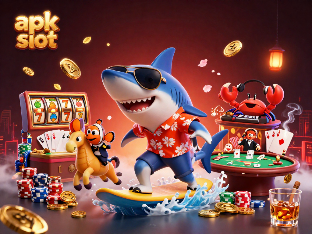 Menarik keberuntungan Anda dengan apk slot yang menampilkan hiu kartun berselancar di tumpukan koin emas dan elemen permainan yang menakjubkan