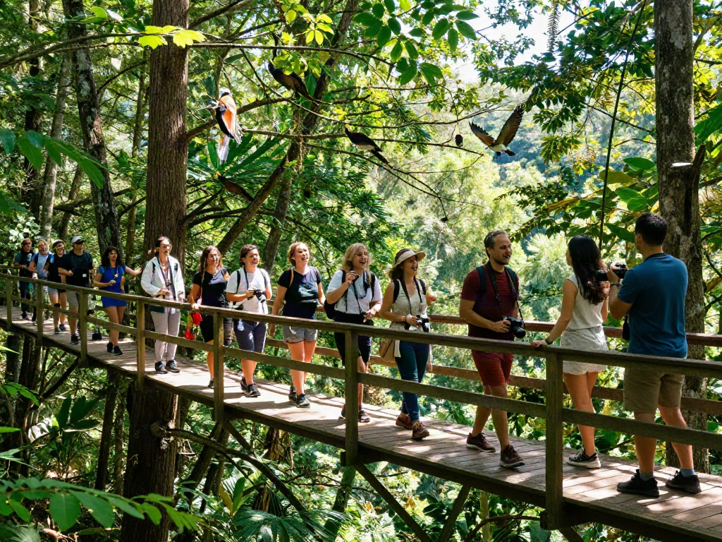 Treetop Walkway experience with friends enjoying nature and elevated views in a vibrant forest.