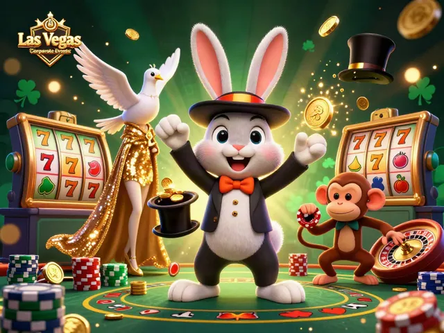 Engage in Las Vegas Corporate Events with a vibrant scene featuring a magician rabbit, glittering casino elements, and dynamic game action.