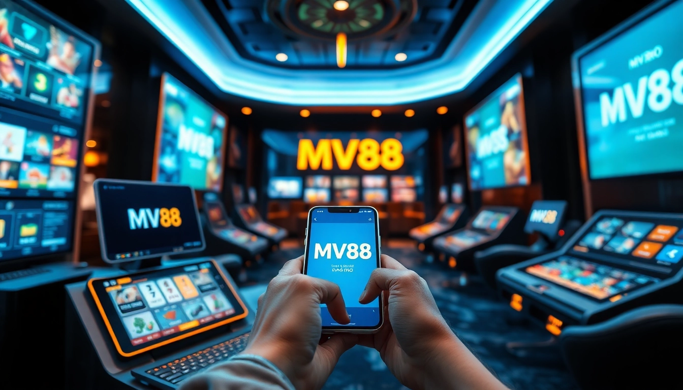 Experience MV88: cutting-edge digital casino app interface with vibrant lighting and user engagement.