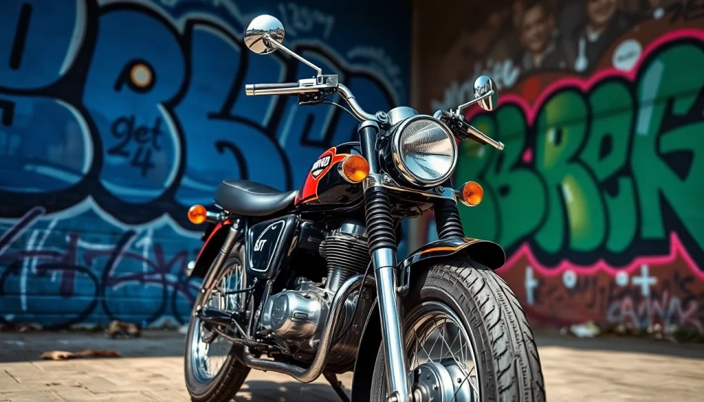 Verkauf von roller 50ccm gebraucht, vintage Motorrad vor Graffiti-Wand.