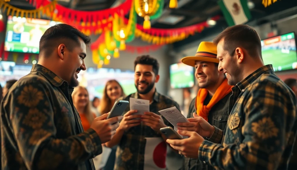 Excited fans interacting with best sports betting sites Mexico in lively Mexican atmosphere.