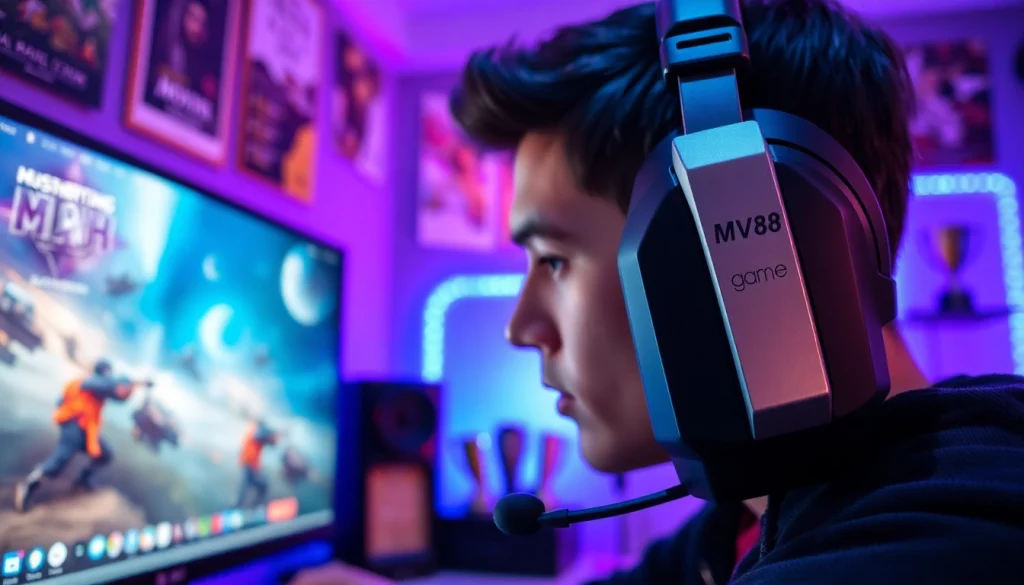Engaging scene of a gamer using the MV88 game headset in an electrifying gaming setup.