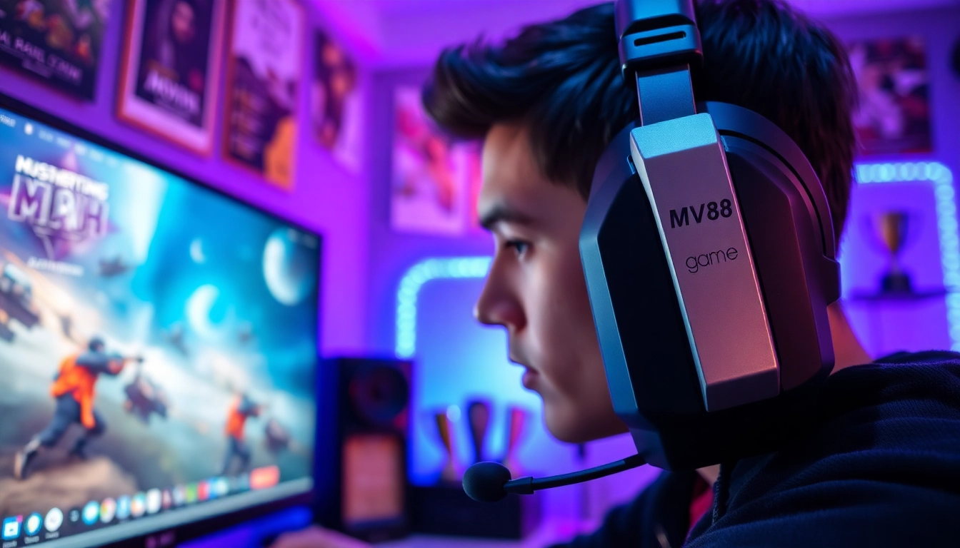 Engaging scene of a gamer using the MV88 game headset in an electrifying gaming setup.