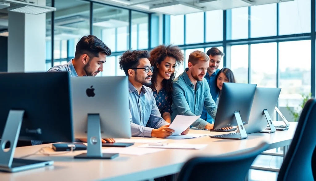 Engaging team providing IT Helpdesk Solutions in a bright, modern office environment with collaboration.