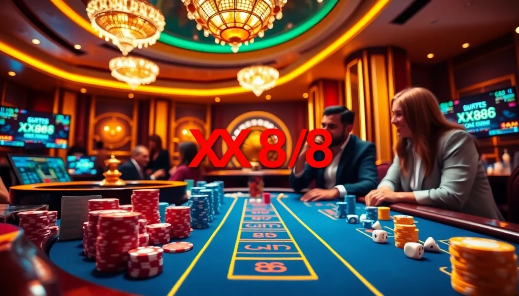 Experience high-stakes gambling at XX88 with vibrant poker chips and roulette excitement.