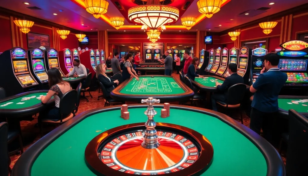 KJC AC 1 at a dynamic casino scene with players enjoying blackjack, colorful slot machines, and an active roulette wheel creating a vibrant gambling atmosphere.