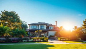 Showcase a stunning real estate property in a lush neighborhood bathed in warm sunlight.