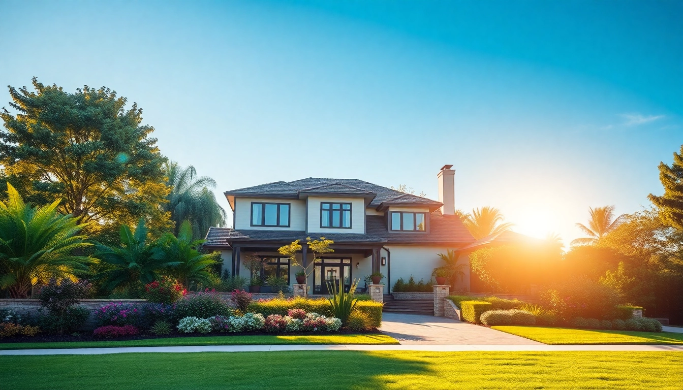 Showcase a stunning real estate property in a lush neighborhood bathed in warm sunlight.