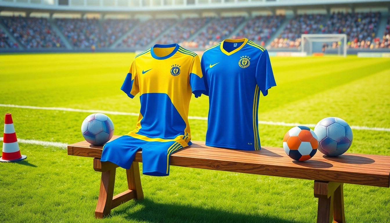 Highlighting a colorful team kit on display, showcasing its vibrant design and energetic feel.