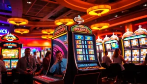 Menampilkan pengalaman bermain pakde4d slot dengan mesin slot berwarna-warni di kasino yang ramai.