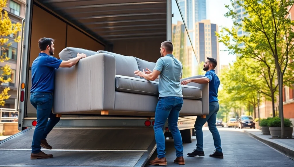 Toronto movers lifting heavy furniture during a vibrant residential move in the city