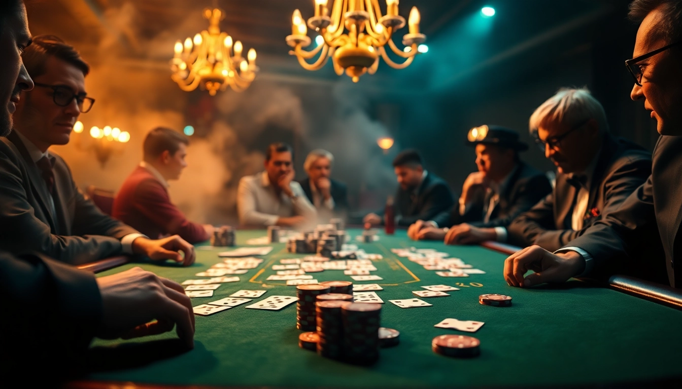 79king poker game scene captures intense players strategizing at an upscale casino table.