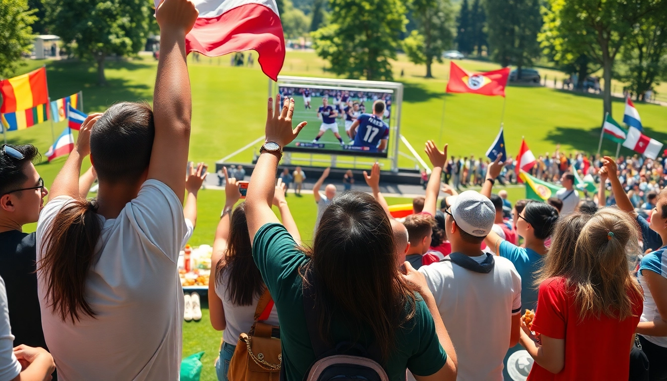 해외축구중계를 즐기는 팬들이 모인 공원에서의 활기찬 장면