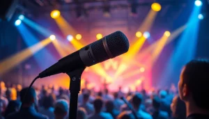 Captivating scene of the MV88 microphone capturing audio at a live performance, showcasing vibrant energy.