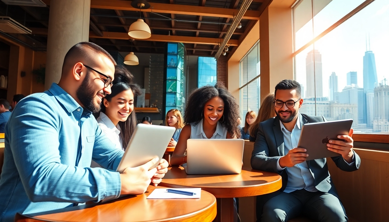 Dynamic scene of diverse individuals exploring Chicago jobs in a modern cafe, showcasing urban opportunities and vibrancy.