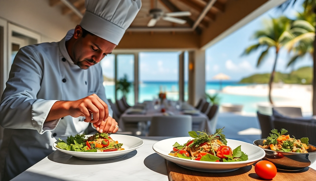 Experience culinary excellence with a Sint Maarten private chef creating gourmet dishes in a beautiful villa setting.