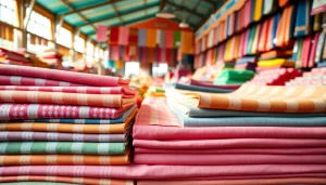 Wafel katoen in diverse kleuren en patronen op een markt, aantrekkelijk gepresenteerd.