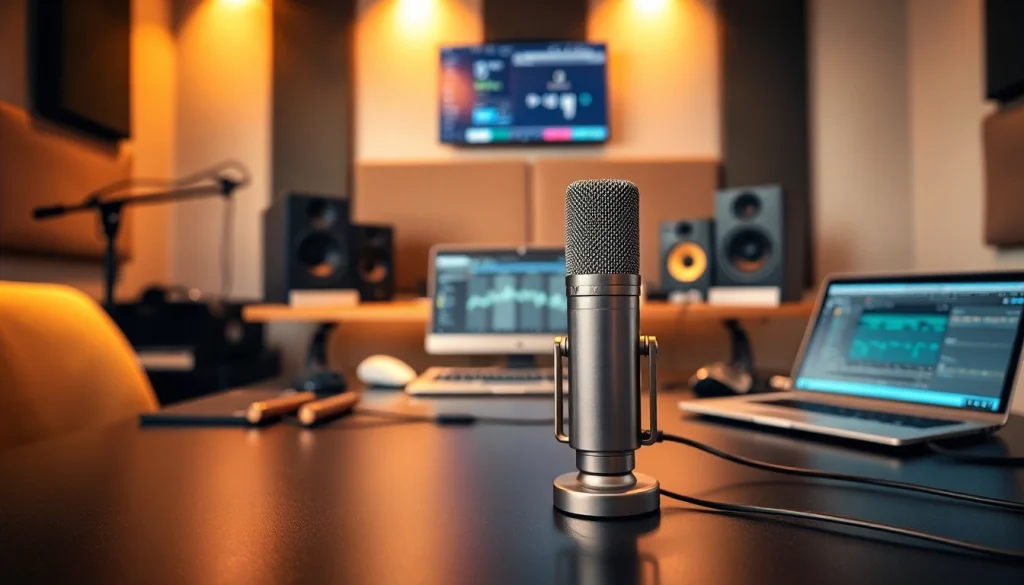 Capture the MV88 microphone in a sleek studio, showcasing sound editing equipment and a modern vibe.
