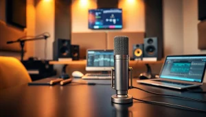 Capture the MV88 microphone in a sleek studio, showcasing sound editing equipment and a modern vibe.