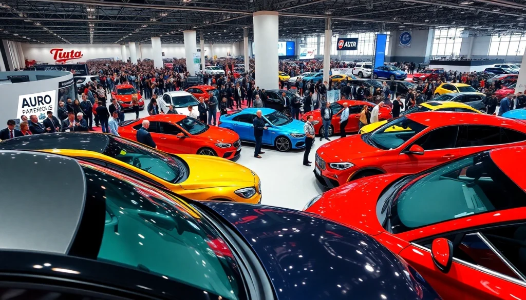 Engaging view of an auto cars show with diverse vehicles and enthusiastic visitors exploring.