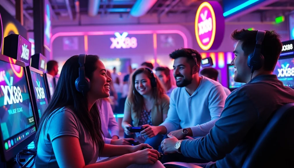 Players immersed in the exciting world of XX88 online gaming with vibrant screens and diverse backgrounds.