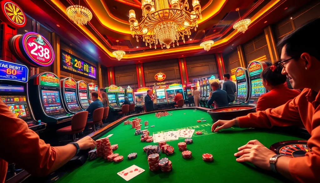 Experience the thrill at Trang chủ MM88 in this lively casino atmosphere showcasing players enjoying slot machines and poker tables.