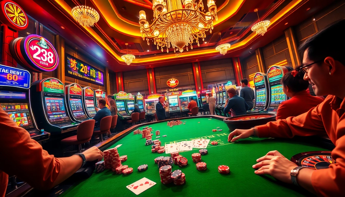 Experience the thrill at Trang chủ MM88 in this lively casino atmosphere showcasing players enjoying slot machines and poker tables.