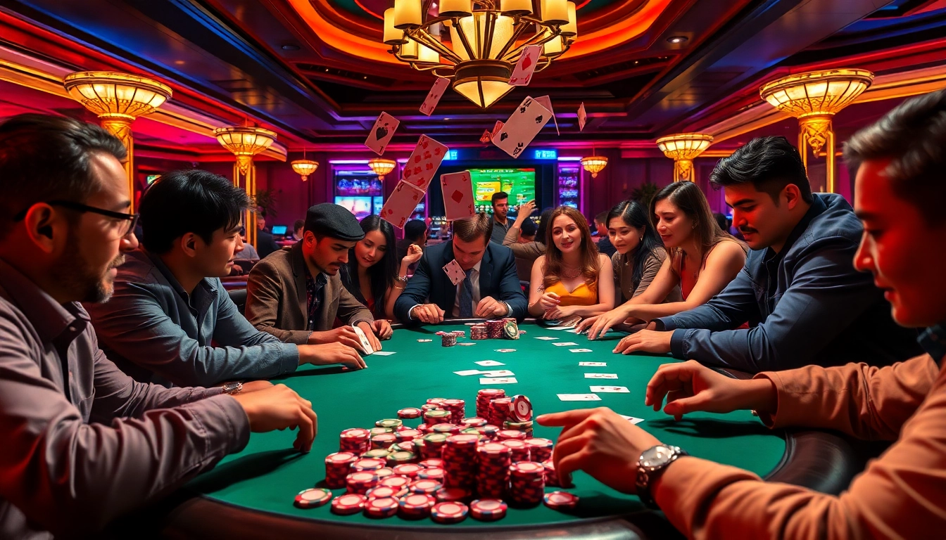 Experience thrilling poker gameplay at https://xx88.bar/ with players, chips, and winning hands in a vibrant casino setting.
