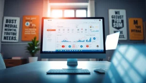 Showcase the features of a youtube smm panel in a vibrant digital workspace.