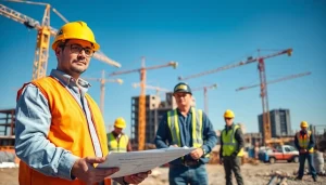 Construction manager in New Jersey directing a busy construction site with plans.
