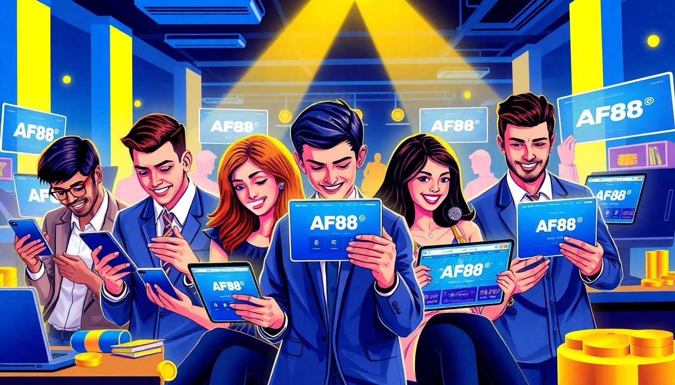 Experience engaging online gambling with AF88 on various devices in a vibrant setting.