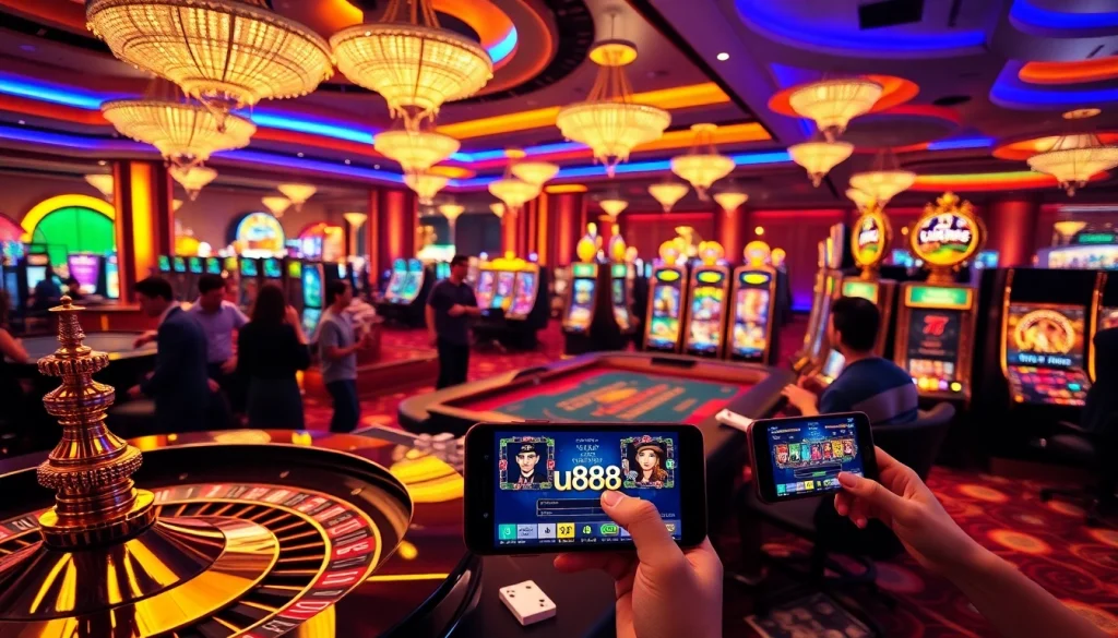 Experience the excitement of the u888 app on a luxurious casino floor with vibrant gaming.