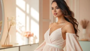 Rivelle fashion model showcasing elegant clothing in a chic boutique setting.