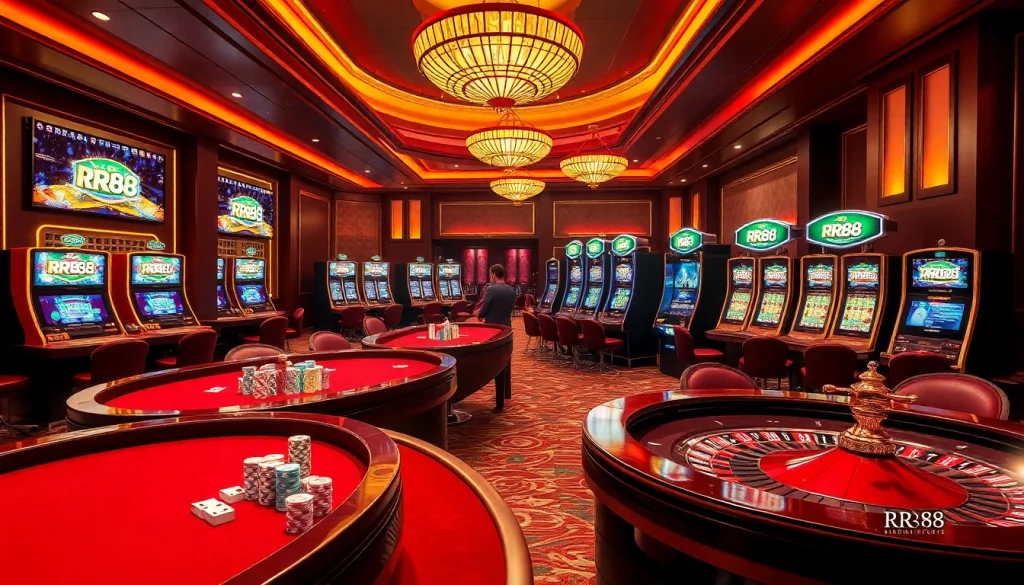 Players enjoying exciting gambling moments at RR88.pizza casino tables, showcasing vibrant poker chips and cards.