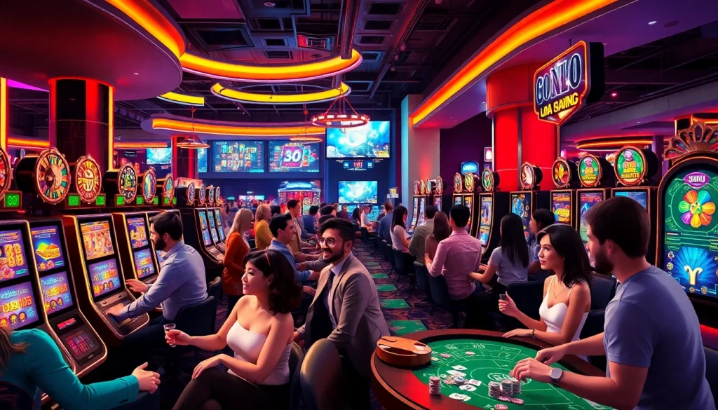 Engaging scene highlighting online casinos Canada with players enjoying various games in a vibrant casino atmosphere.