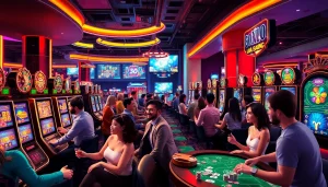 Engaging scene highlighting online casinos Canada with players enjoying various games in a vibrant casino atmosphere.