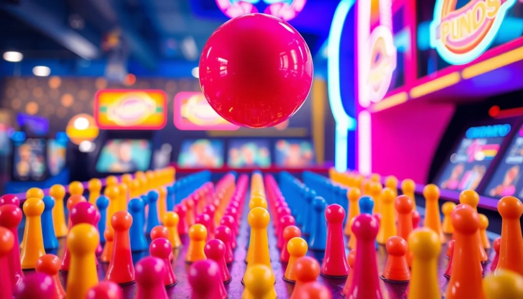 Plinko yang menarik dengan bola jatuh di papan permainan berwarna-warni.