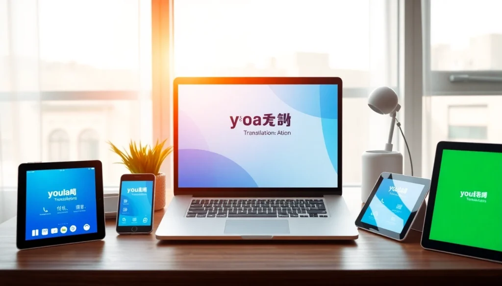 Youdao翻译 interface displayed on multiple devices in a modern workspace.
