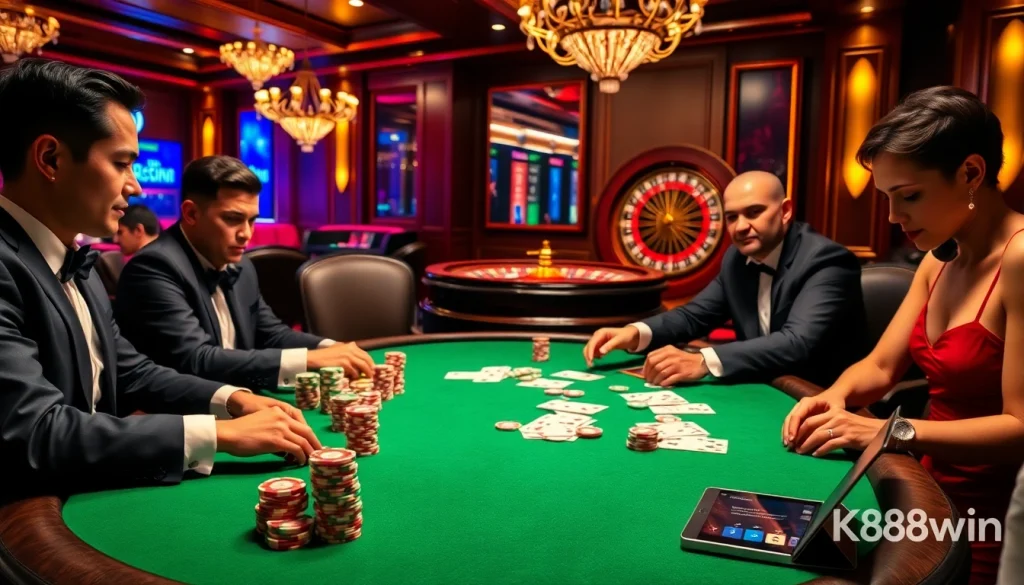 K88win poker table scene with players, chips, cards, and roulette wheel in a luxurious casino.