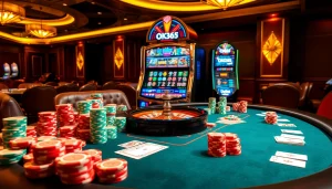 Experience the thrill of gambling at OK365 with vibrant poker tables and colorful chips.