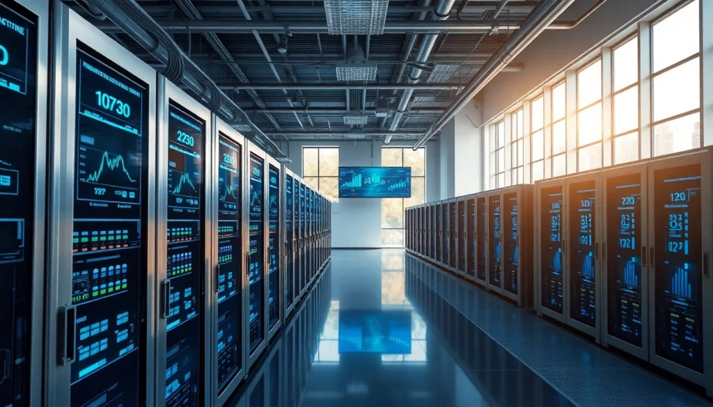 Cutting-edge cloud mining site with advanced mining rigs and renewable energy elements.