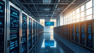 Cutting-edge cloud mining site with advanced mining rigs and renewable energy elements.